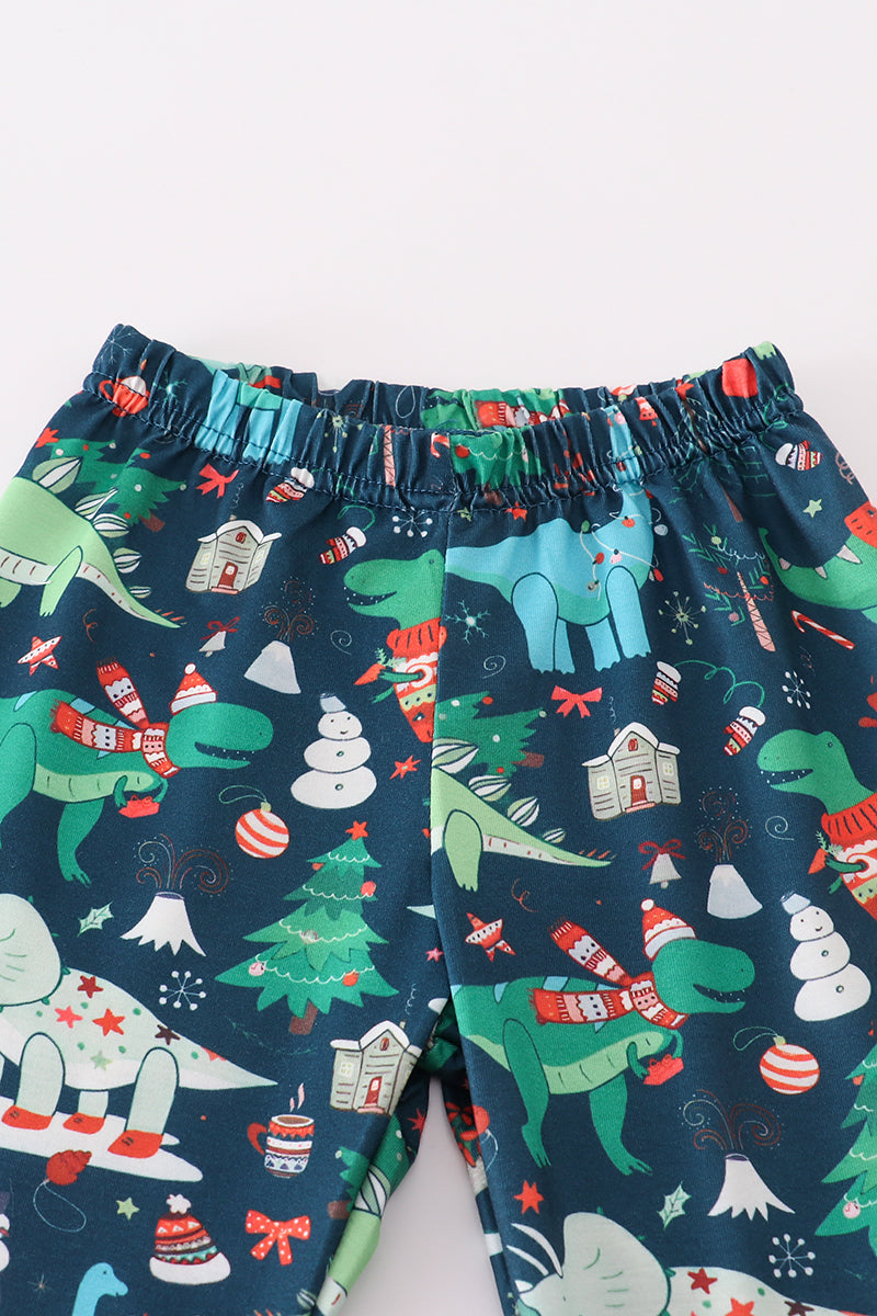 Green dinosaur print ruffle pants set