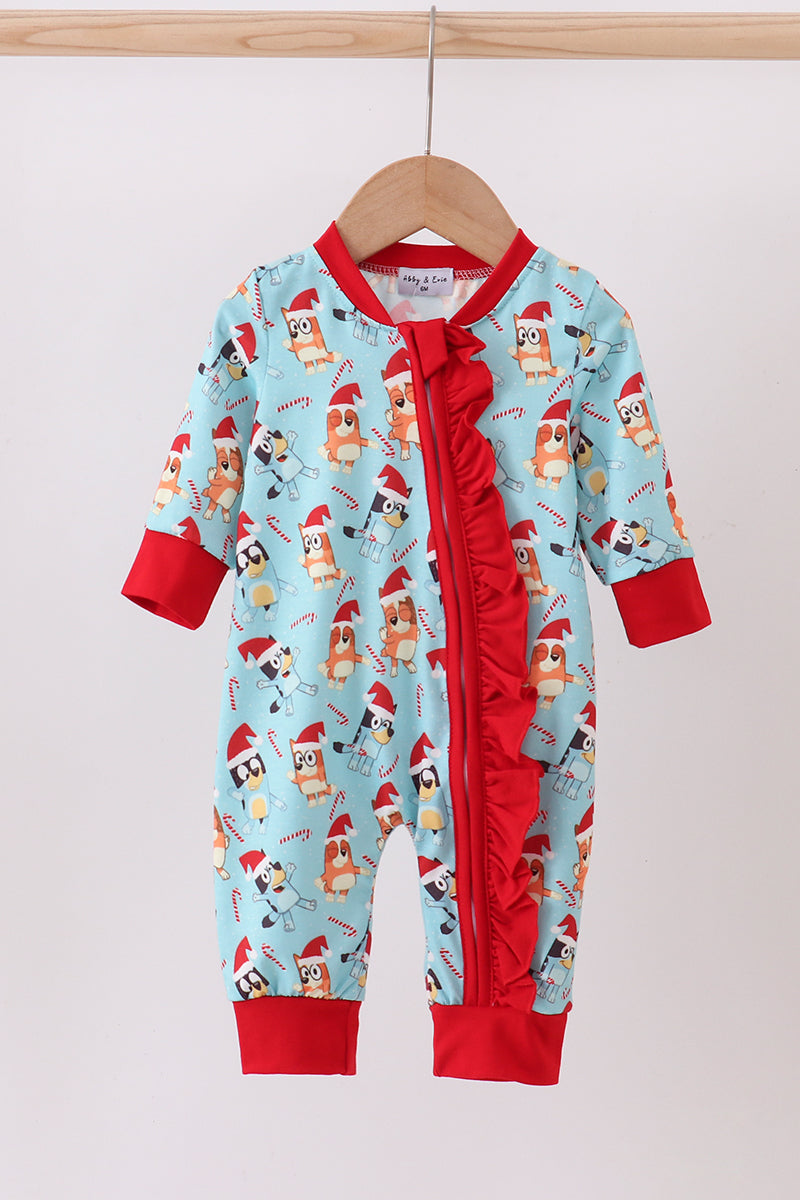 Blue christmas character print ruffle romper