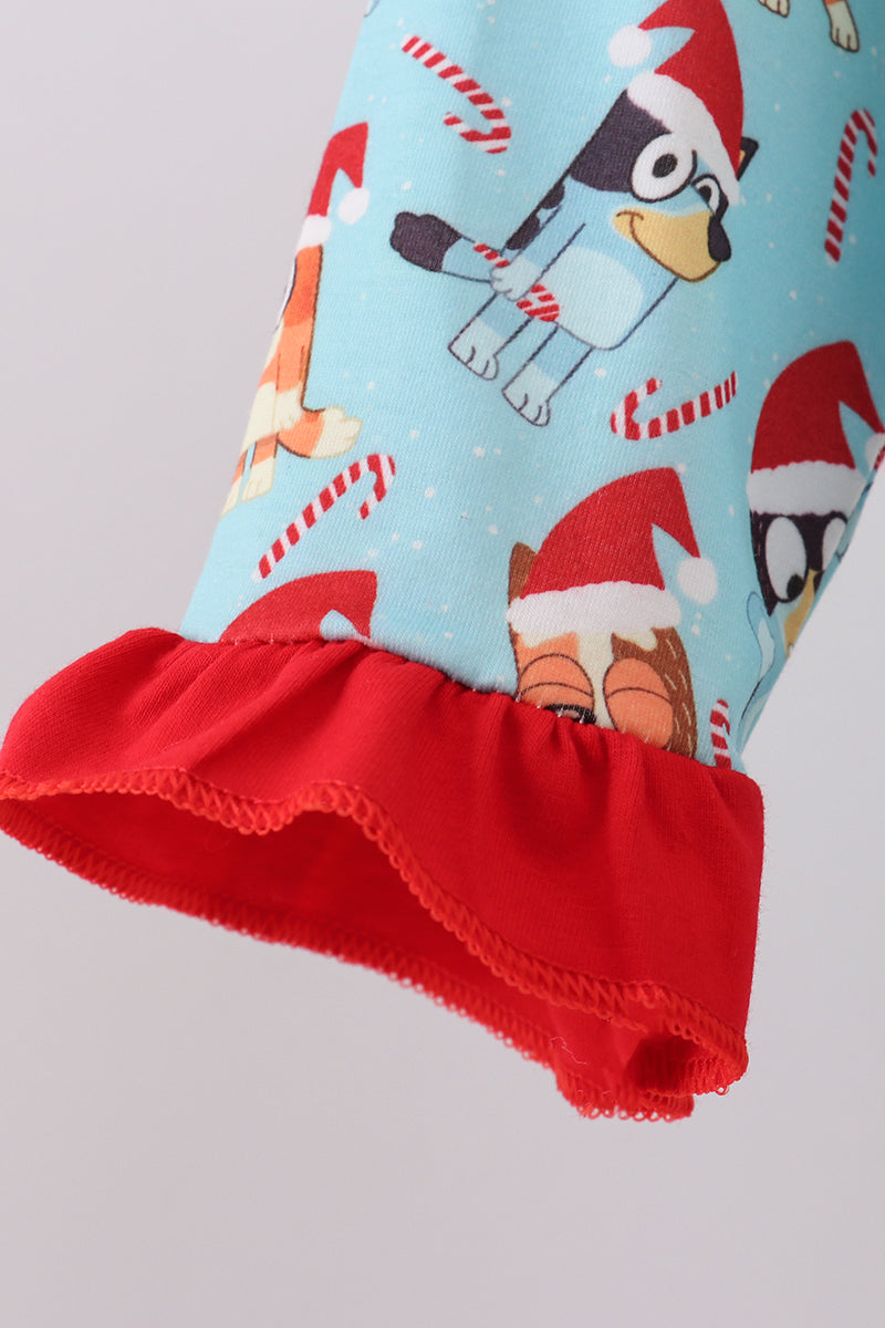 Blue christmas character print pajamas ruffle pants set