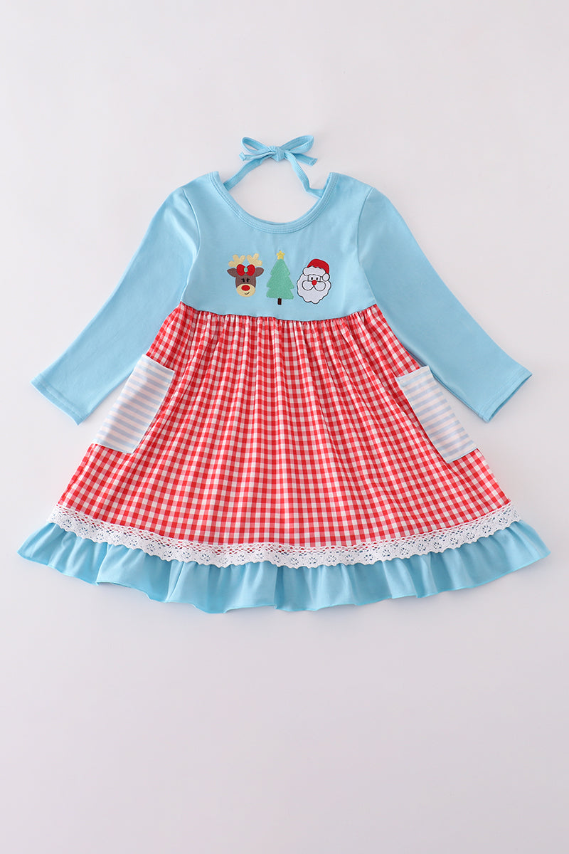 Blue deer tree santa embroidery ruffle dress