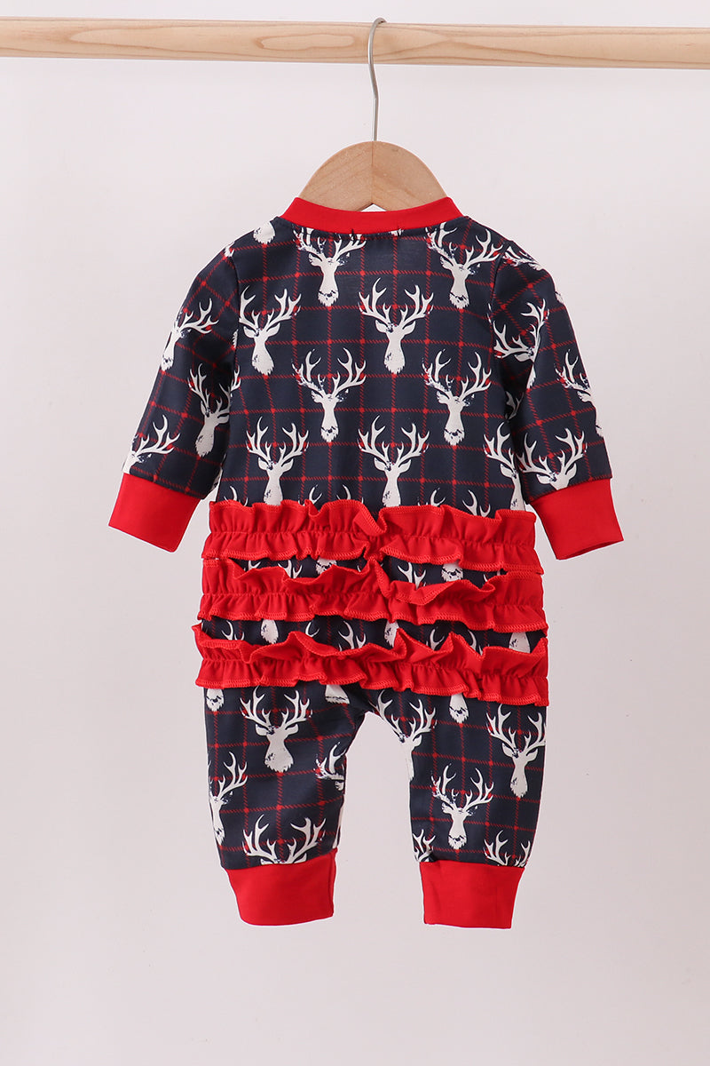 Navy deer print ruffle romper