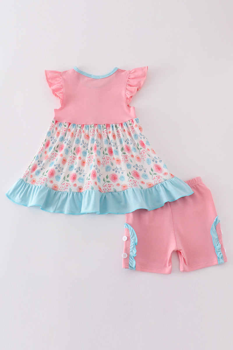 Pink floral print ruffle set