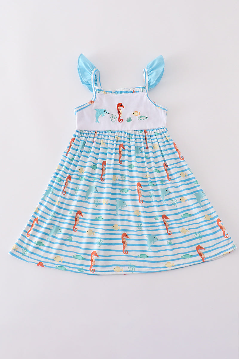 Blue marine creature embroidery dress