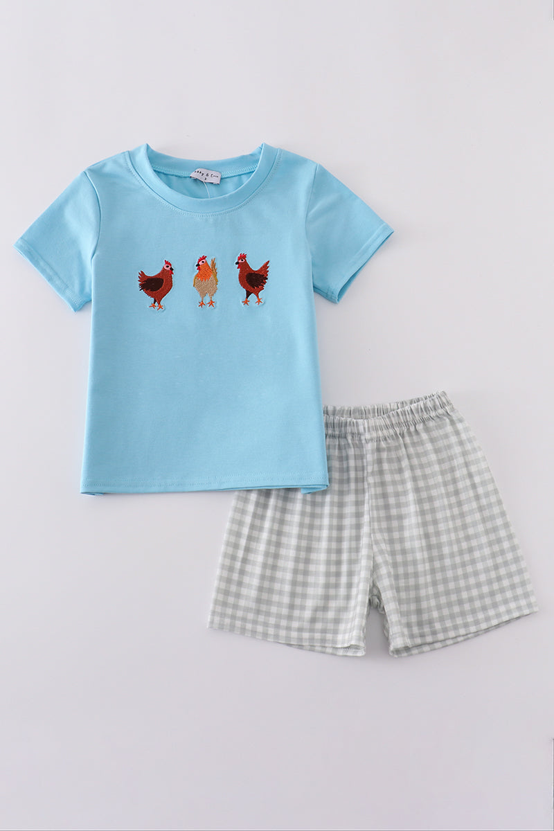 Blue farm chicken embroidery set