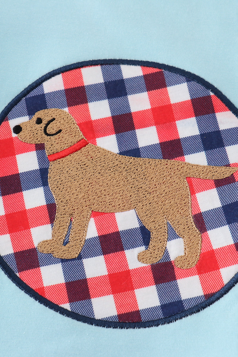 Blue puppy gingham applique shorts set