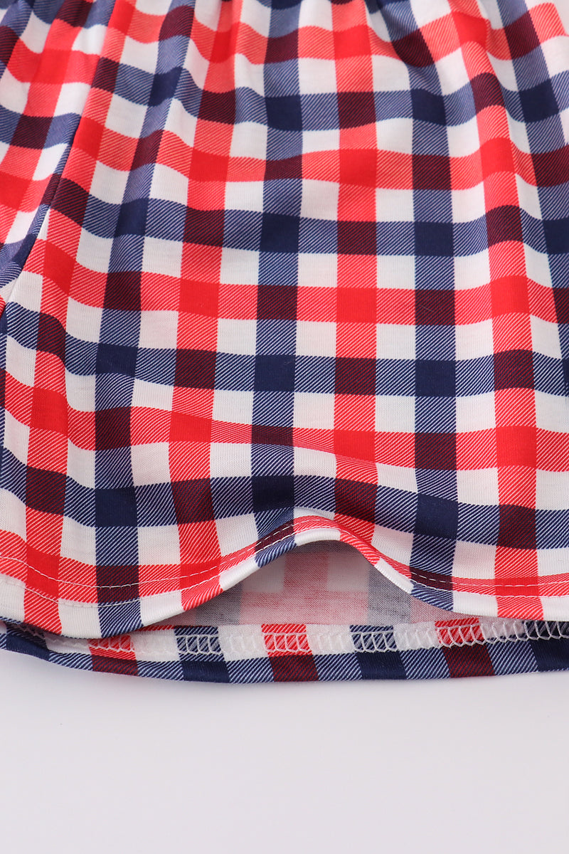 Blue puppy gingham applique shorts set