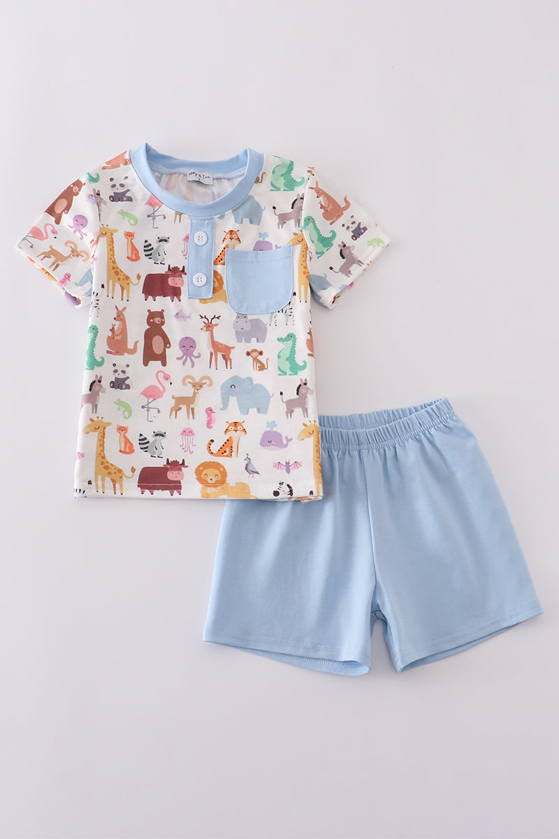 Blue zoo animals print shorts set