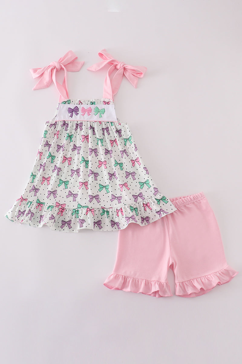Pink bow embroidery ruffle shorts set