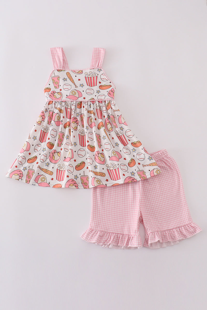 Pink baseball print gingham ruffle shorts set