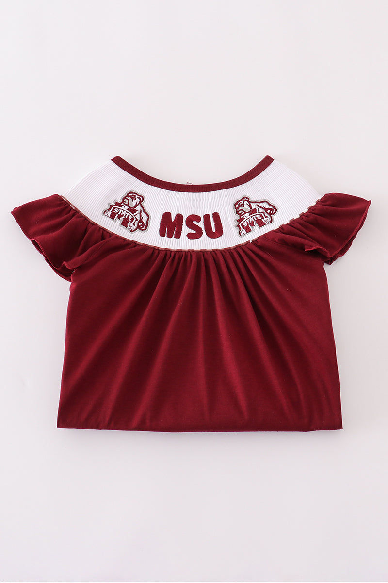 Mississippi MSU embroidery smocked gingham ruffle set