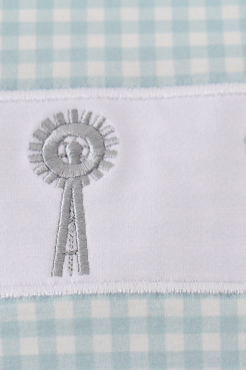 Green farm windmill embroidery gingham bubble
