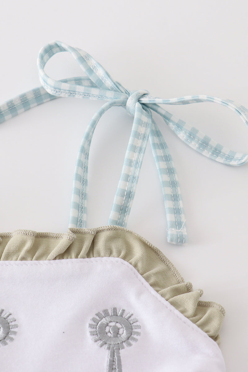 Green farm windmill embroidery ruffle shorts set