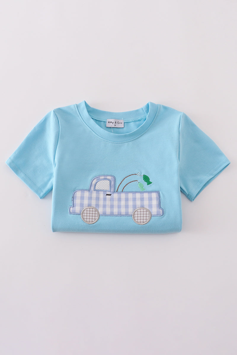 Blue truck fishing applique shorts set
