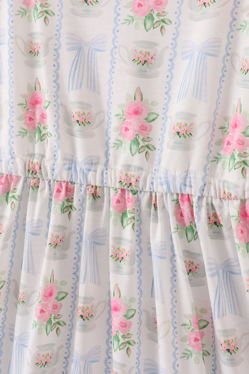 Tea floral bow ruffle women dress