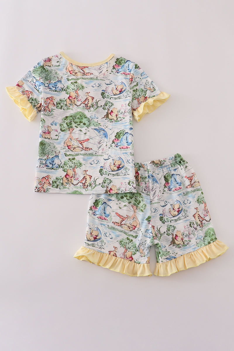 Yellow character print ruffle shorts set