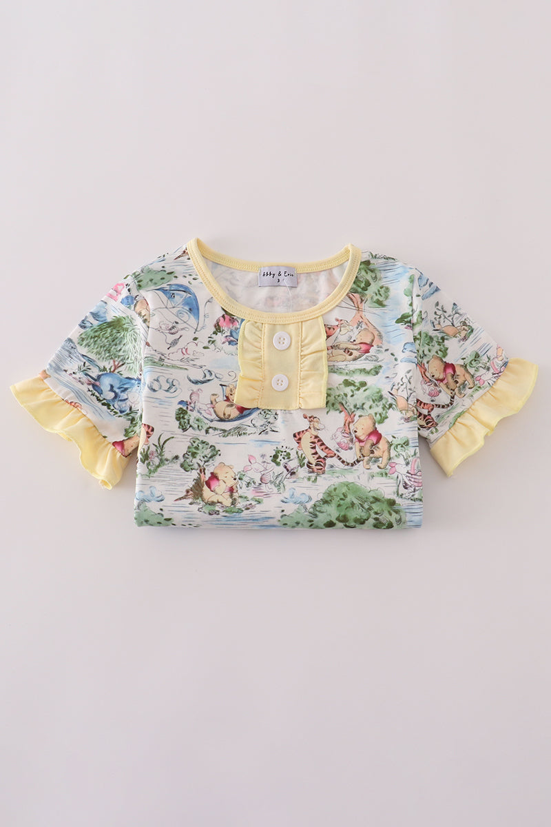 Yellow character print ruffle shorts set