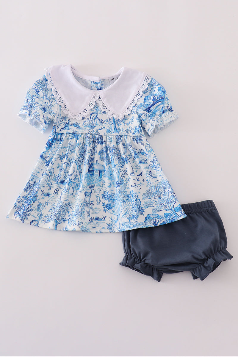 Blue willow toile print bloomer set