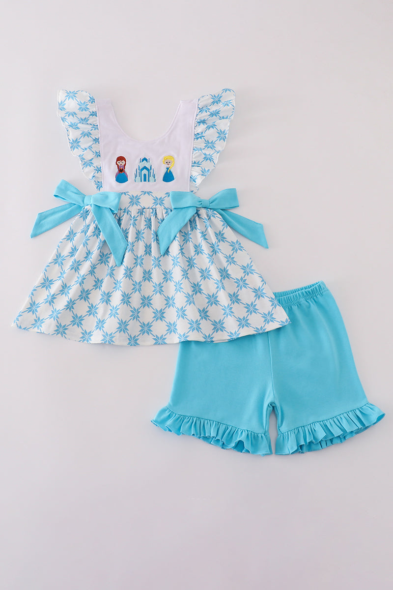 Blue character embroidery bow ruffle shorts set