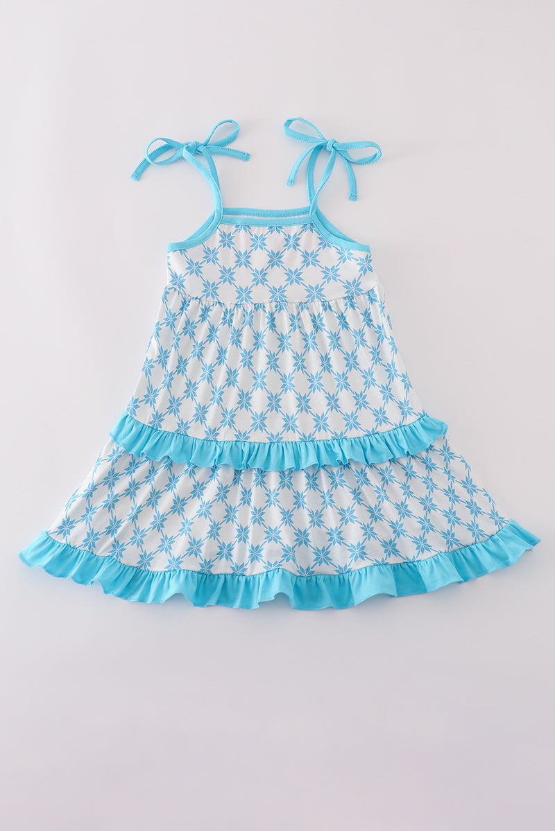 Blue character embroidery ruffle tiered dress