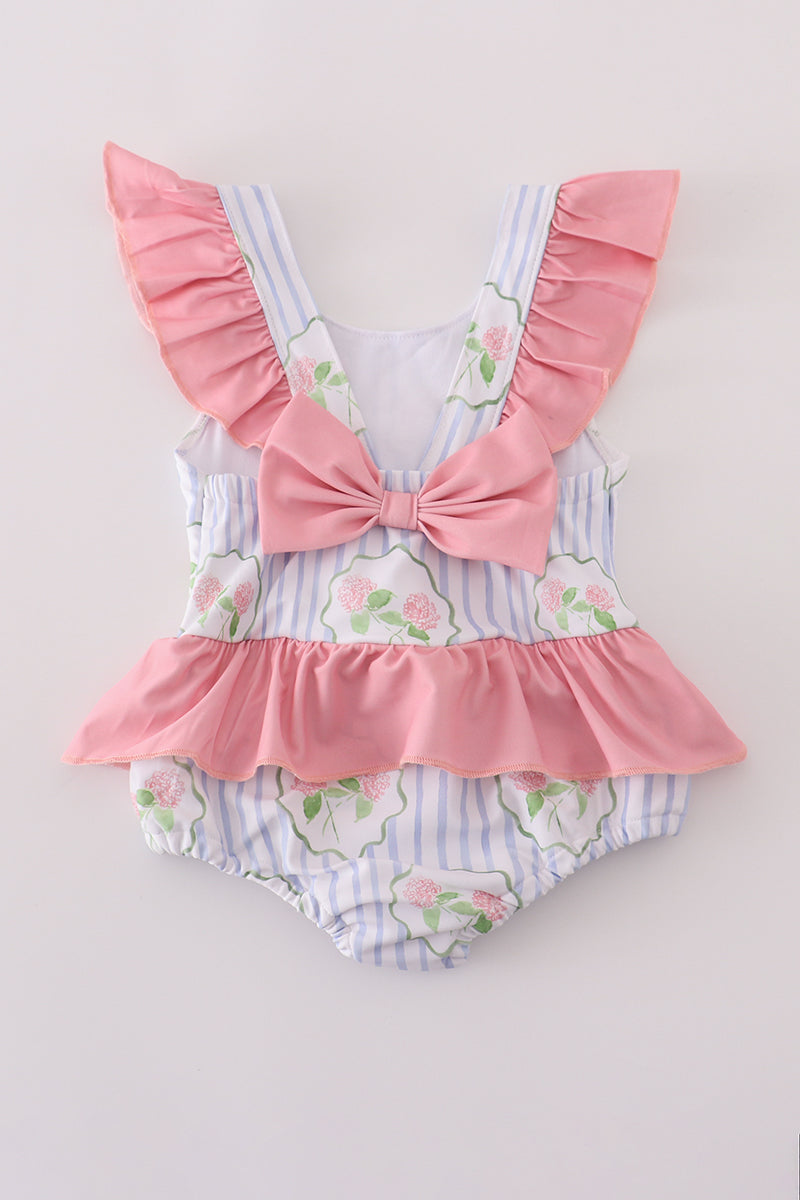 Floral stripe ruffle swimsuit UPF50+