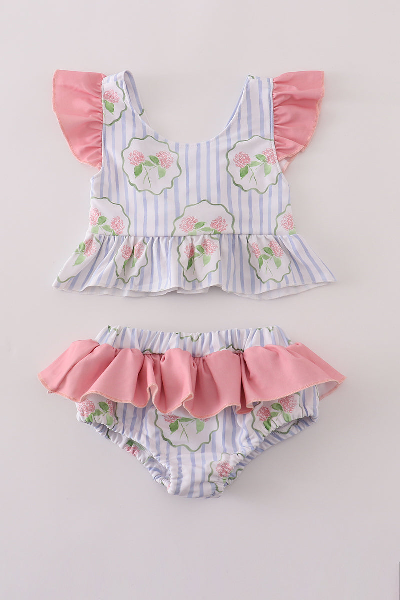 Floral stripe ruffle 2pc swimsuit UPF50+
