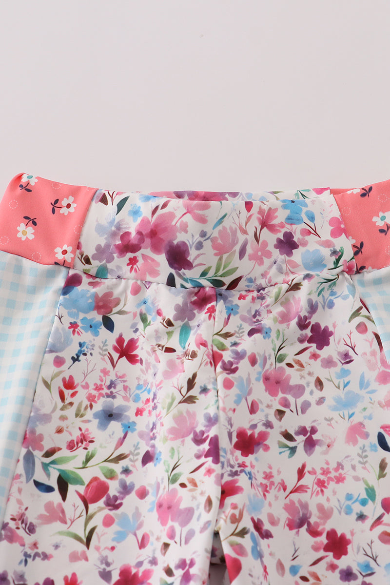 Green floral print 2pc active tank legging set