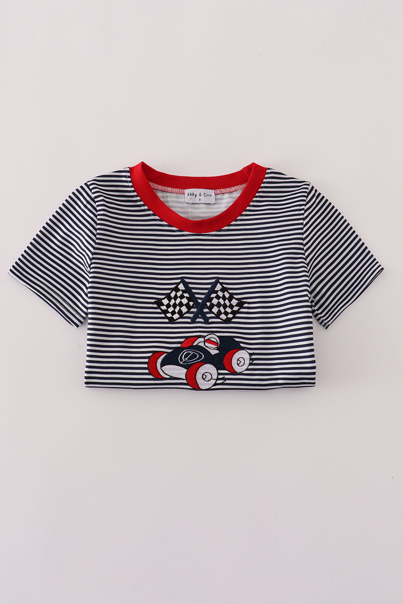Navy stripe racing car embroidery top