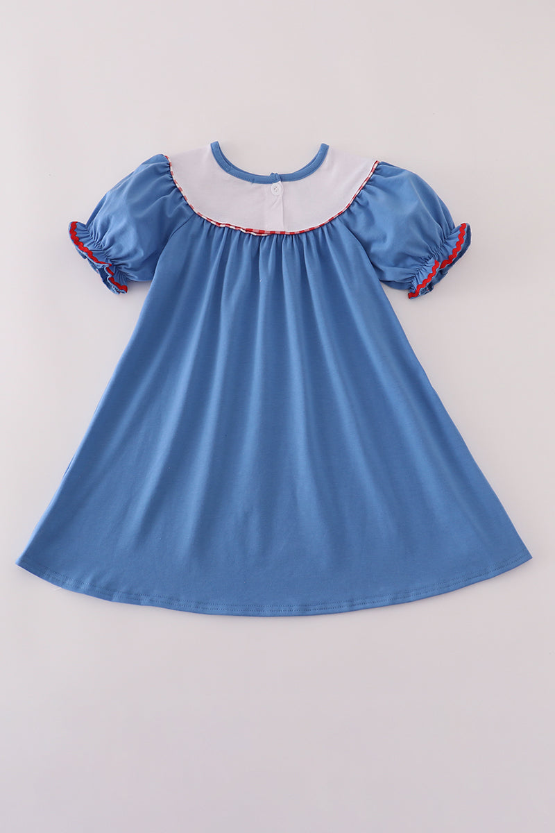 Blue tractor embroidery dress