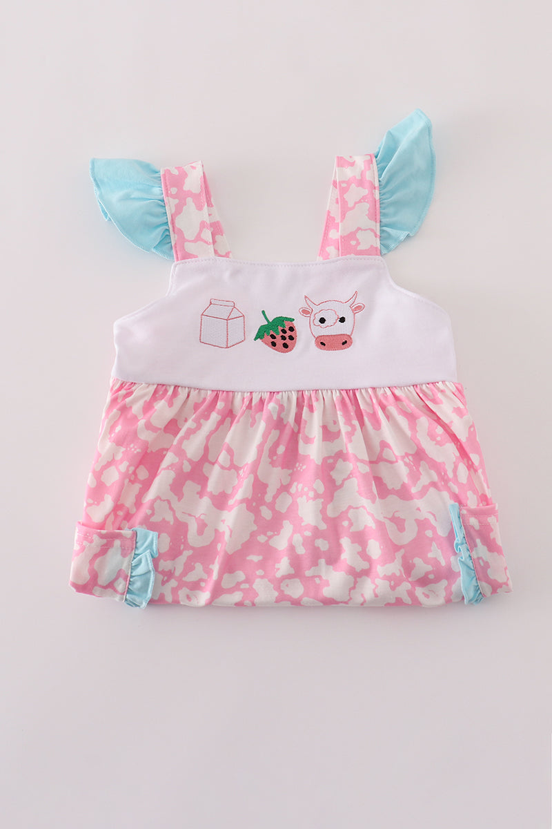 Pink strawberry milk cow embroidery ruffle dress
