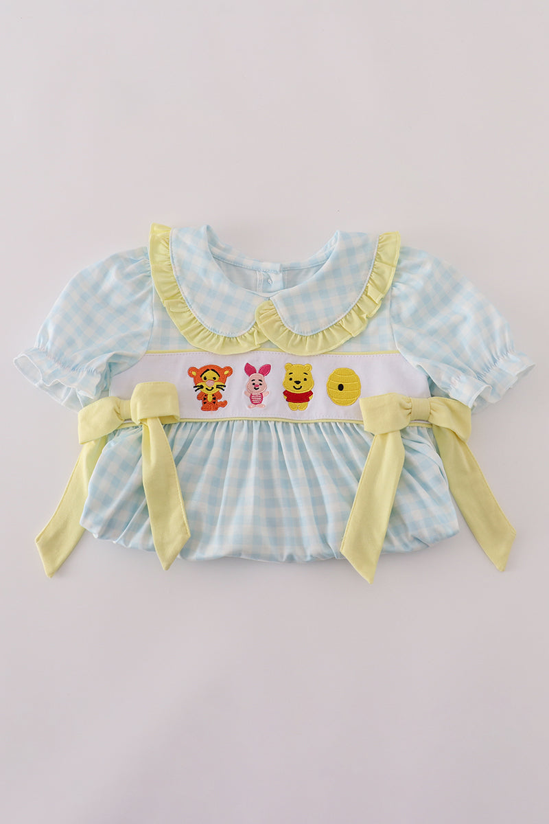 Blue character embroidery gingham ruffle shorts set