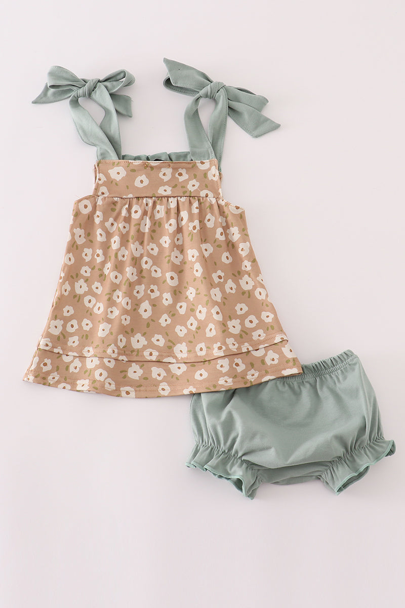 Mustard & mint floral print ruffle bloomer set