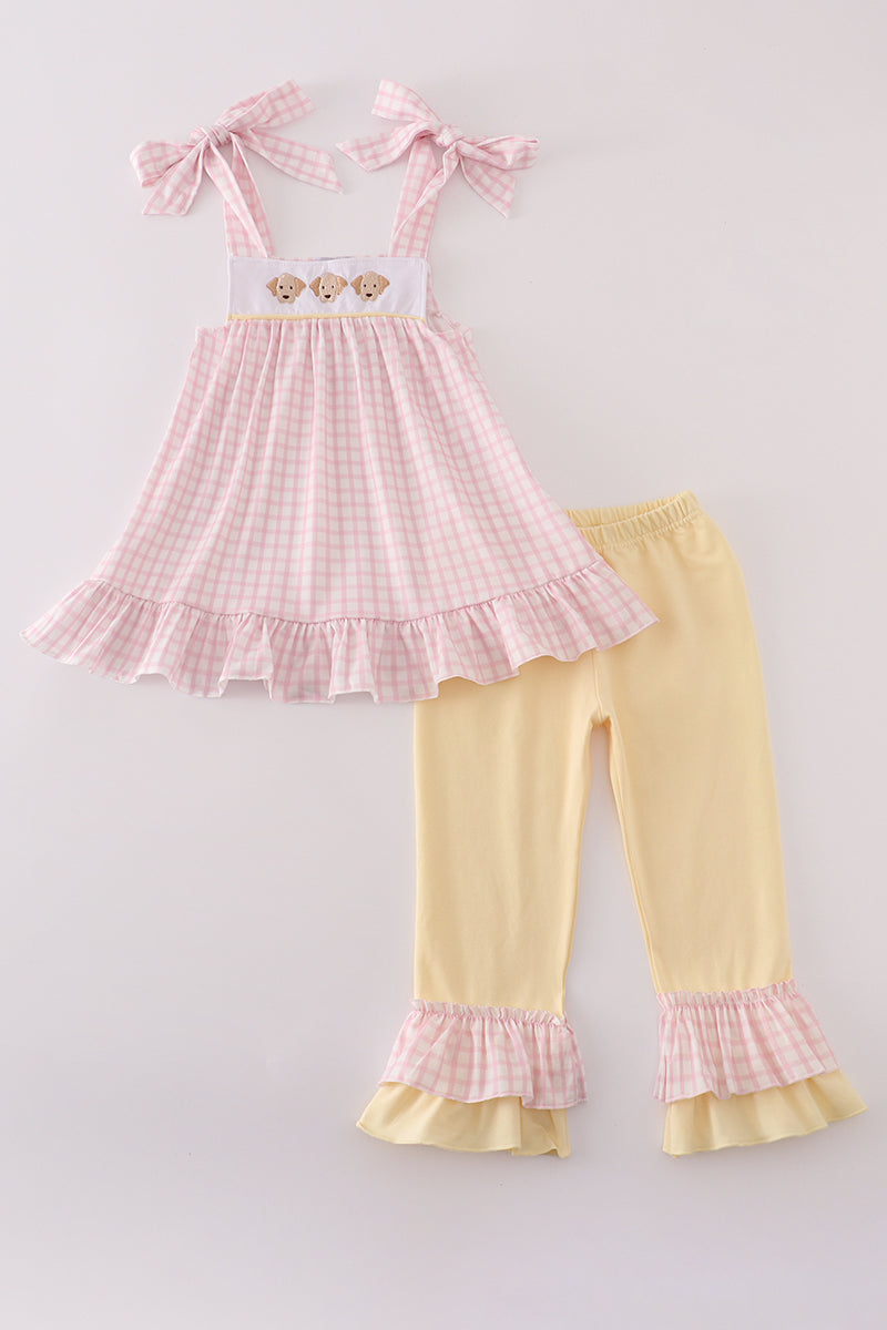 Pink puppy embroidery ruffle pants set