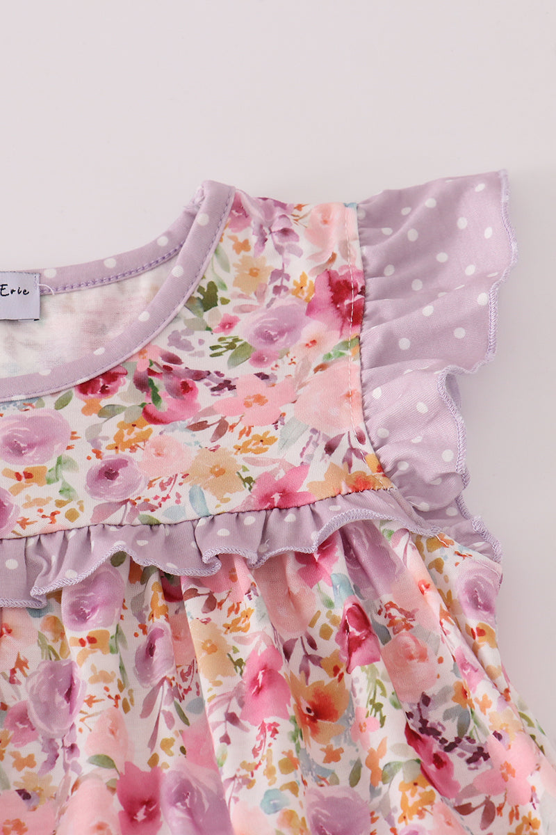 Purple floral print ruffle pants set