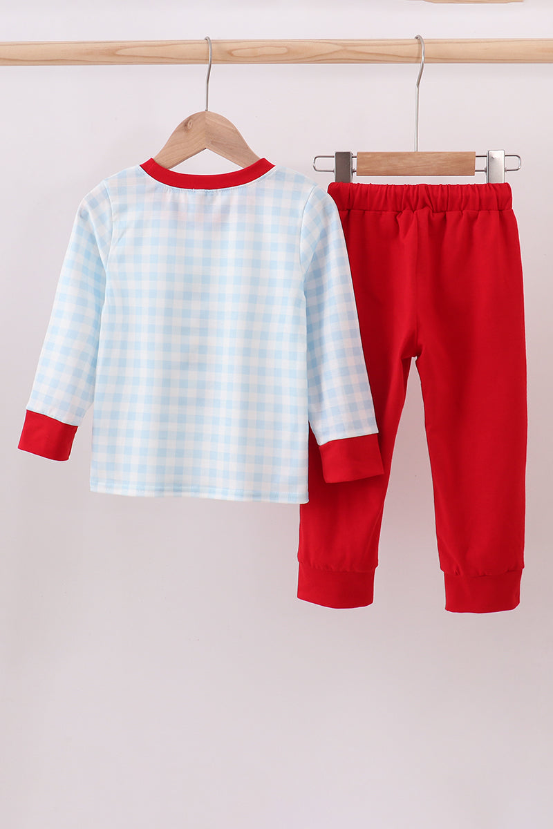 Blue car embroidery gingham pants set