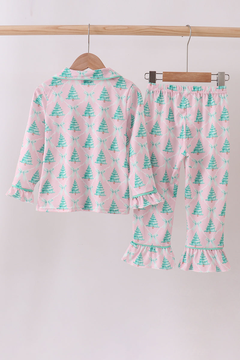 Pink christmas tree ruffle pajama set