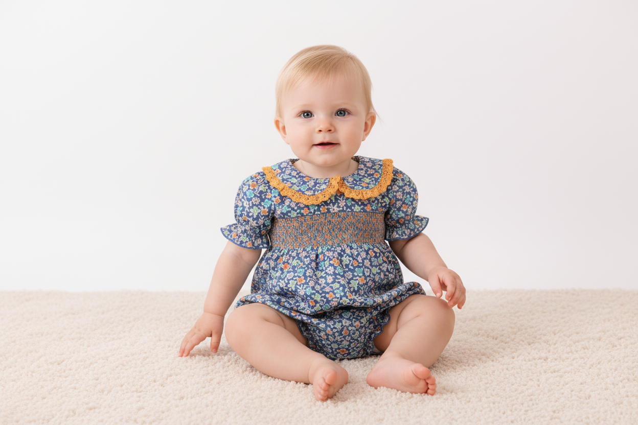 Navy floral smocked ruffle bubble