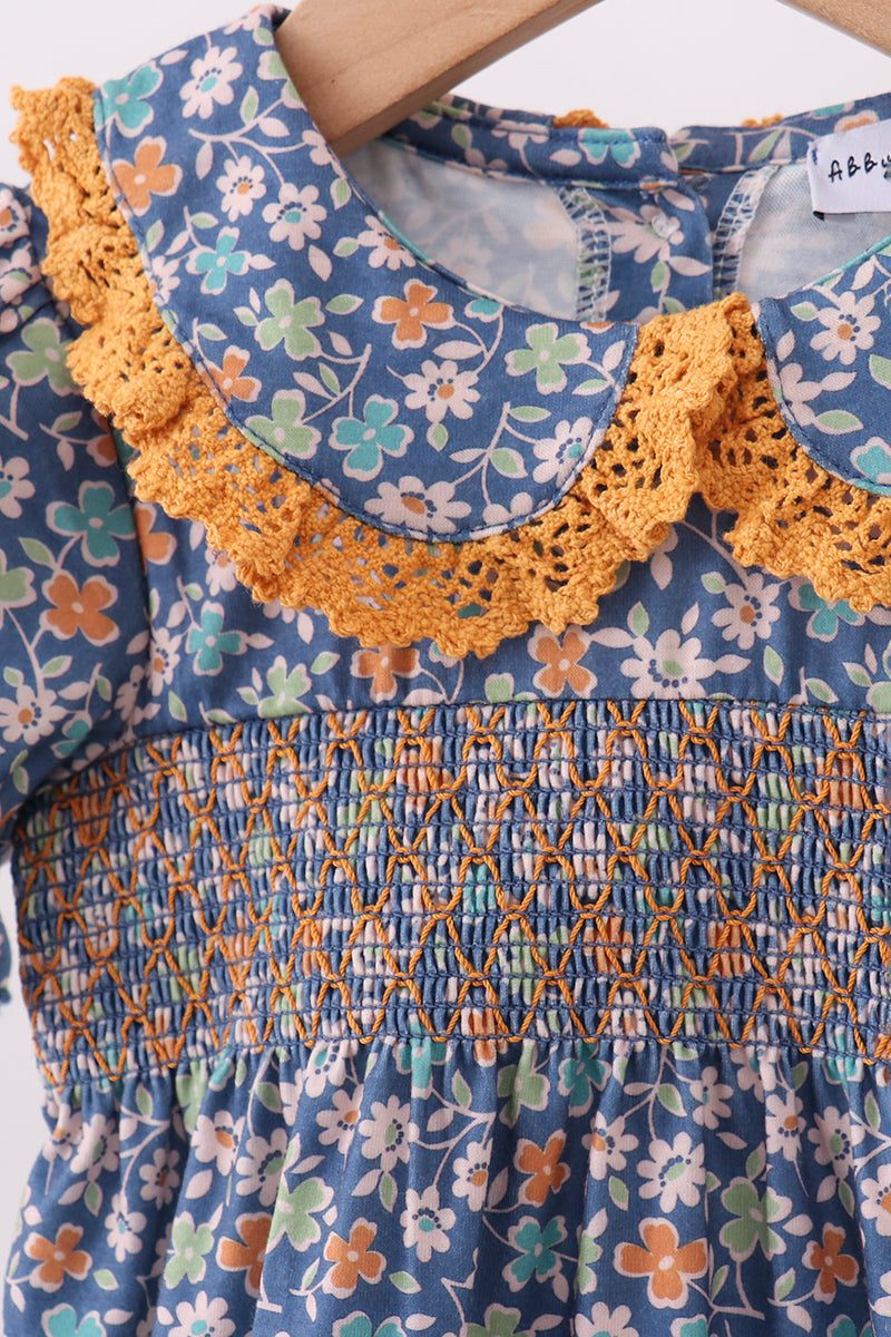 Navy floral smocked ruffle bubble