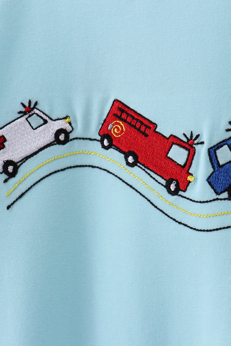 Blue vehicle emboridery romper