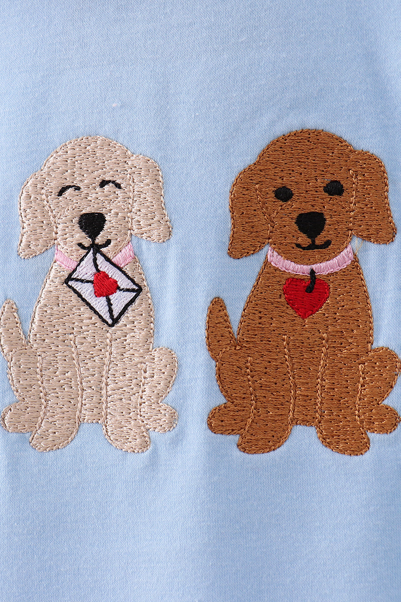 Blue puppy embroidery ruffle pants set