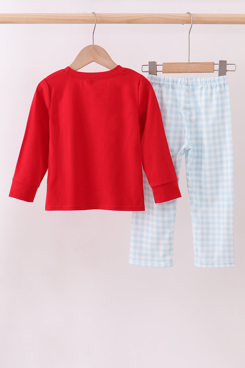 Red puppy embroidery gingham pants set