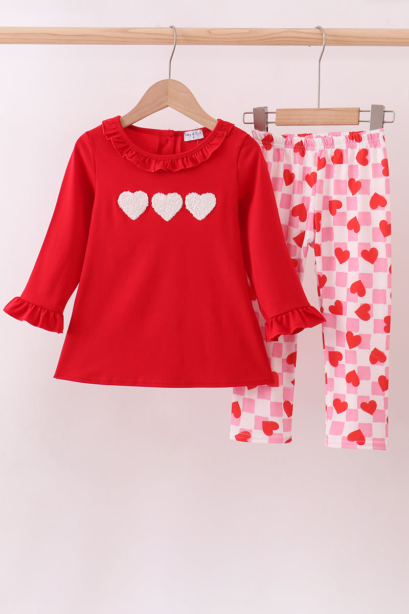 Red heart french knot ruffle pants set