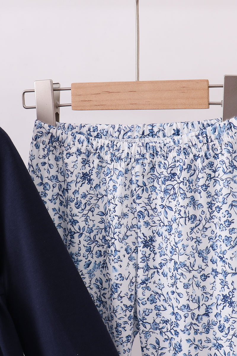 Navy heart floral applique ruffle pants set