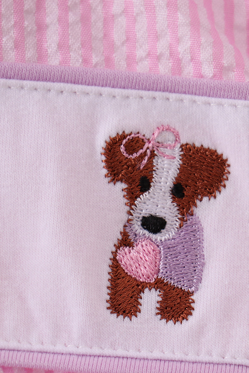 Pink puppy embroidery seersucker bubble