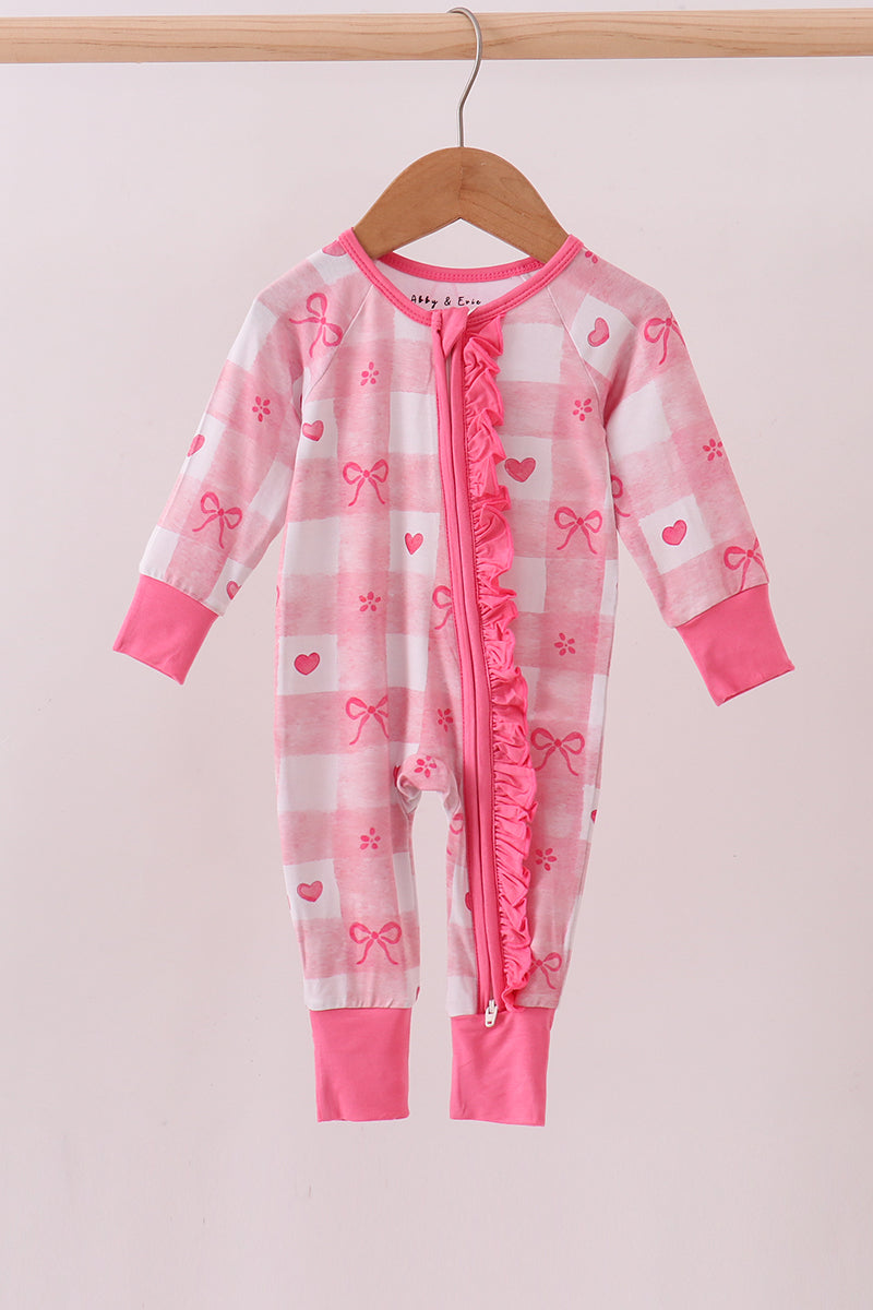 Pink heart checkered bamboo ruffle pajama zipper romper