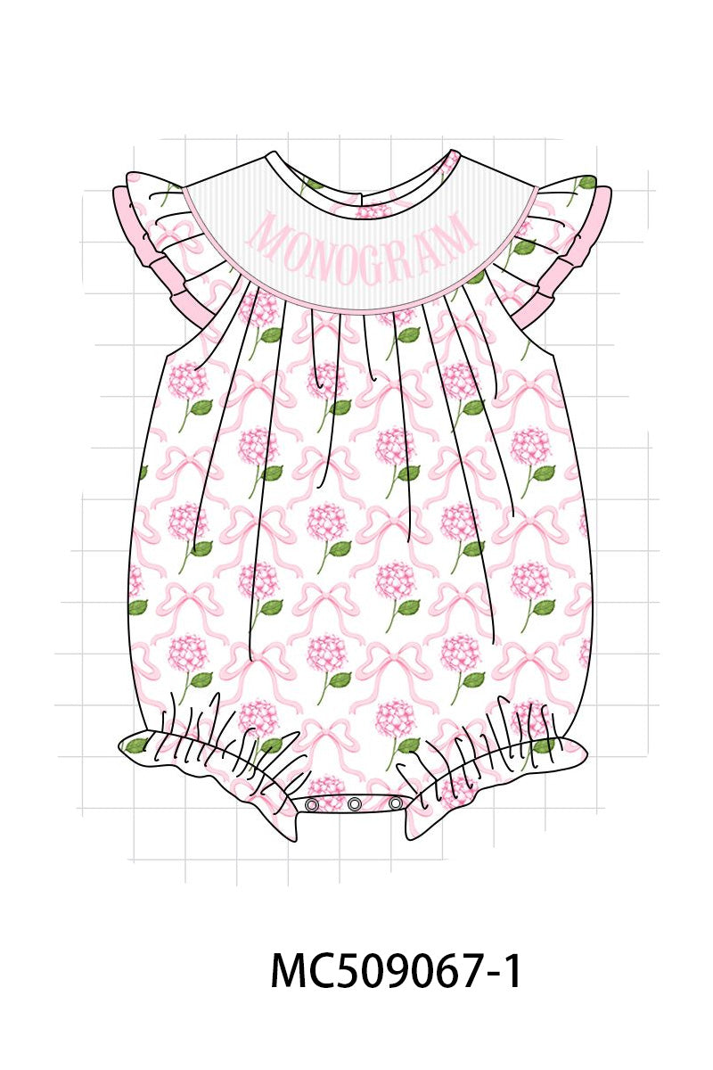 PO65 Pink bow hydrangea monogram smocked collection