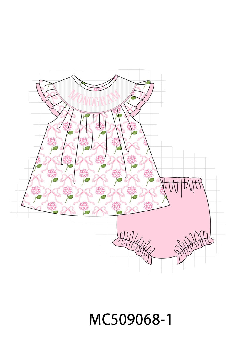 PO65 Pink bow hydrangea monogram smocked collection