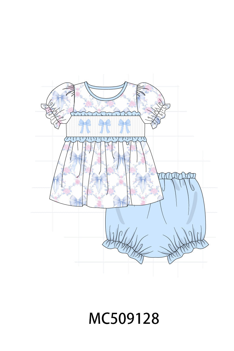 PO65 Blue bow floral embroidery ruffle collection