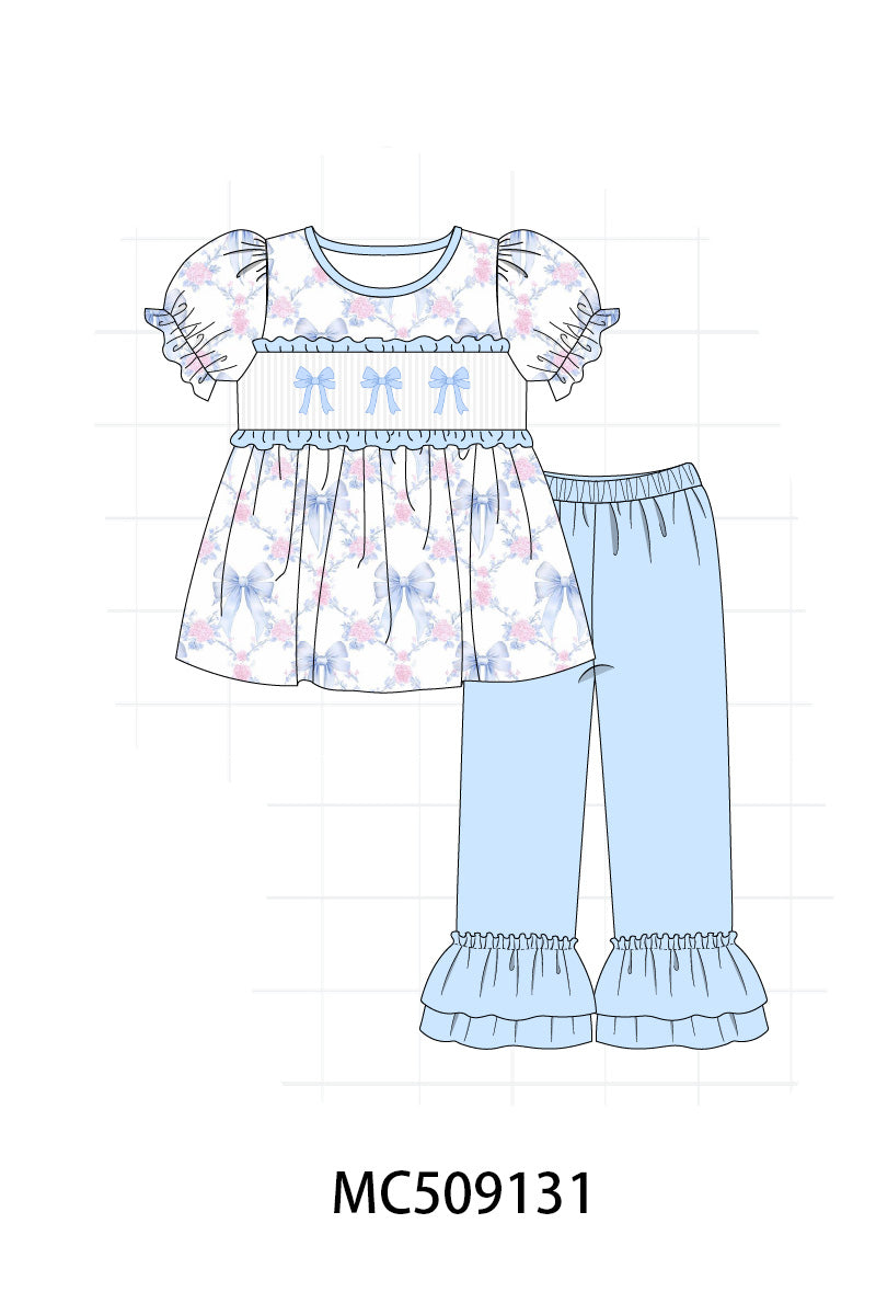 PO65 Blue bow floral embroidery ruffle collection