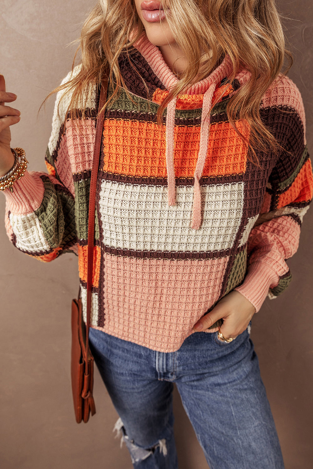 Orange Waffle Knit Colorblock Sweater FB