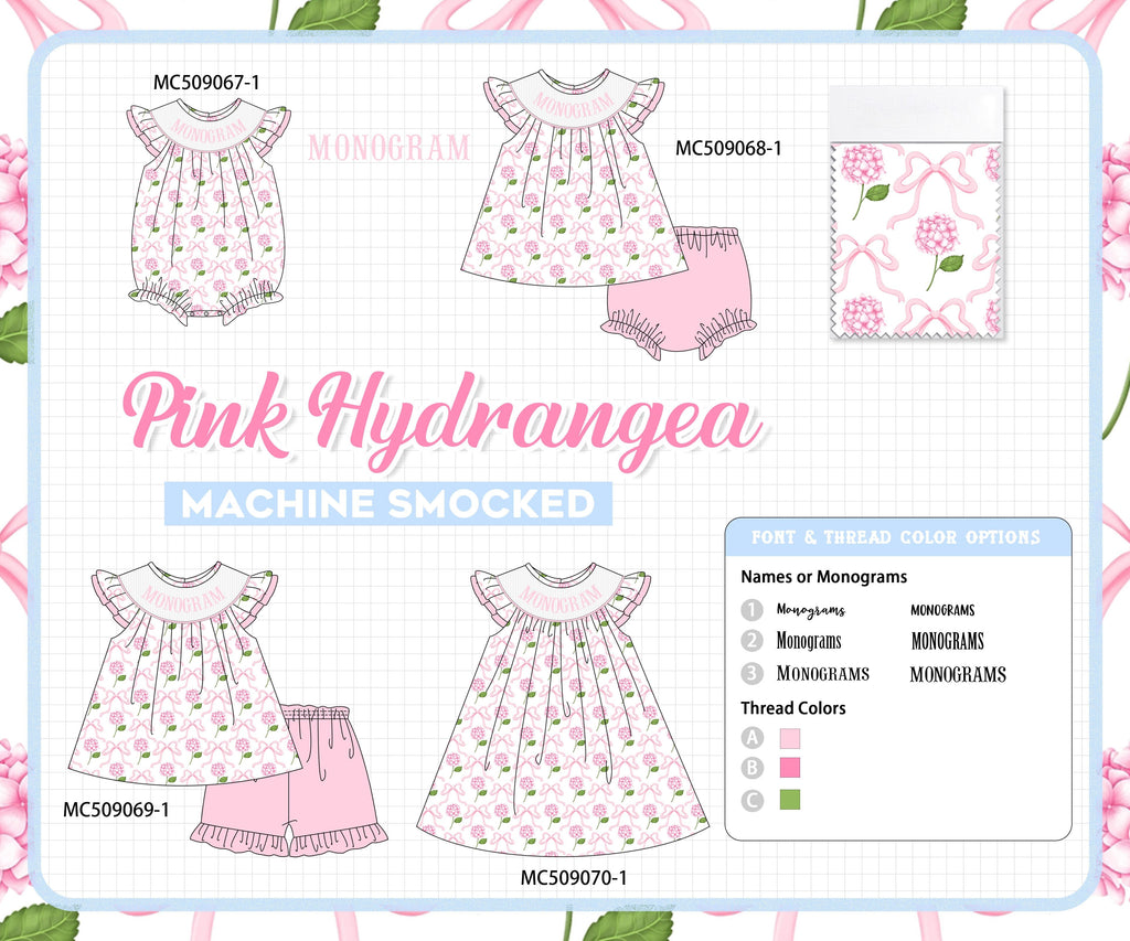PO65 Pink bow hydrangea monogram smocked collection